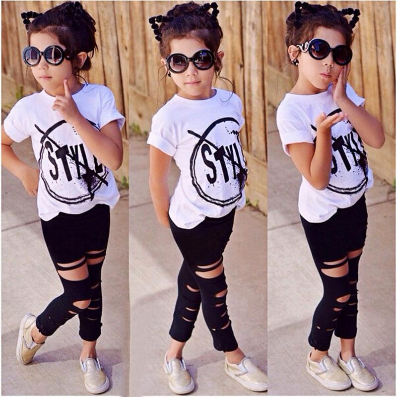 Toddler Baby Girl Clothes Cute Daddys Little Girl Short Sleeve Shirts+Ripped Jeans Shorts Summer Outfits 