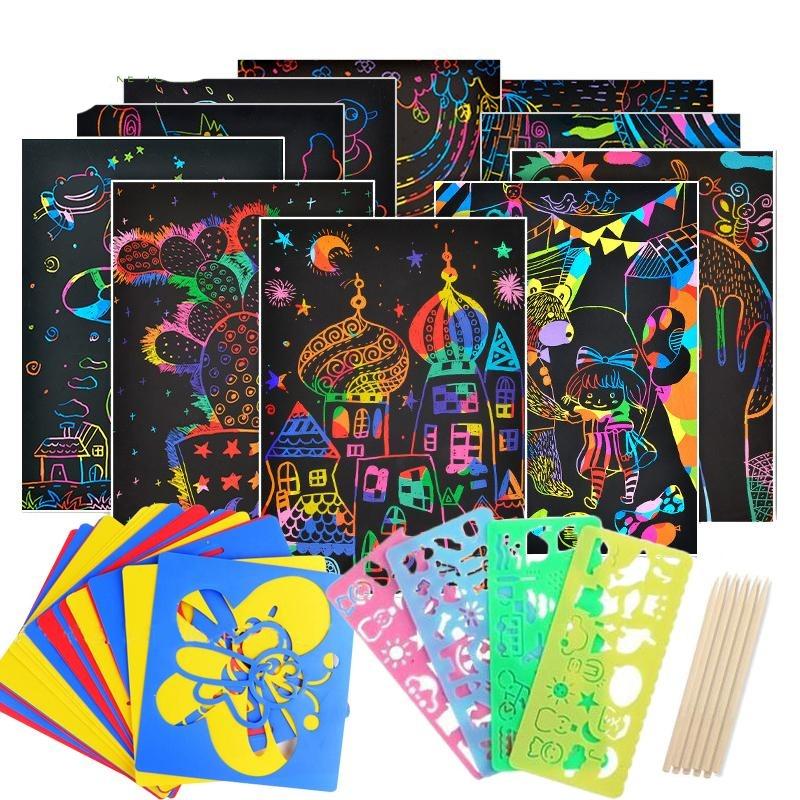 100 PCS Magic Color Rainbow Scratch Art Paper Card Set Animal Geometry  Painting Template Ruler Kids Art Craft DIY Toys