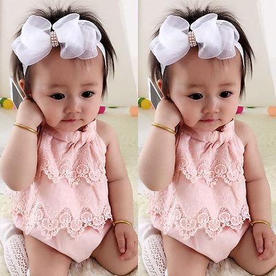 Sunsiom Baby Girl Clothes Suits Solid Color Crew Neck Lace Fly Sleeve  Romper Leopard/donut Print Ruffles Skirts Headband Color Pink Kid Size 12M