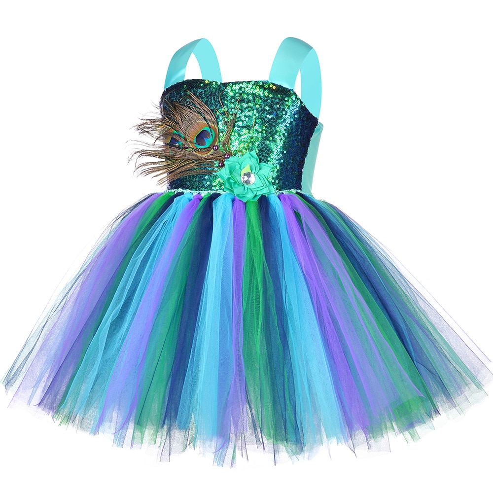 Princess Girls Peacock Feather Tutu Dress Baby Kids Halloween Costume