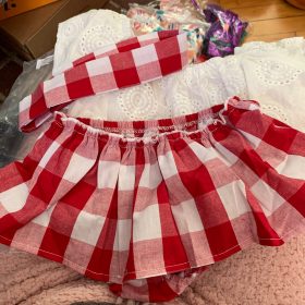 3pcs Off Shoulder Tops+Red Plaid Short Dress+Headband Outfits 0-24M New photo review