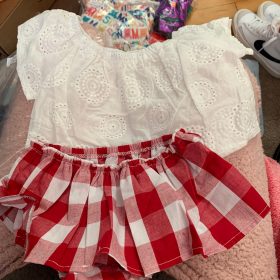 3pcs Off Shoulder Tops+Red Plaid Short Dress+Headband Outfits 0-24M New photo review