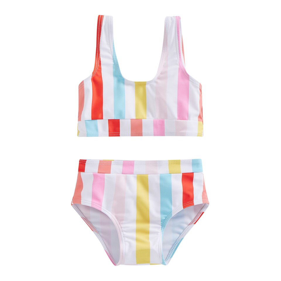 Girls Bikini Set Rainbow Stripe Print Vest + High Waist Triangle Shorts ...