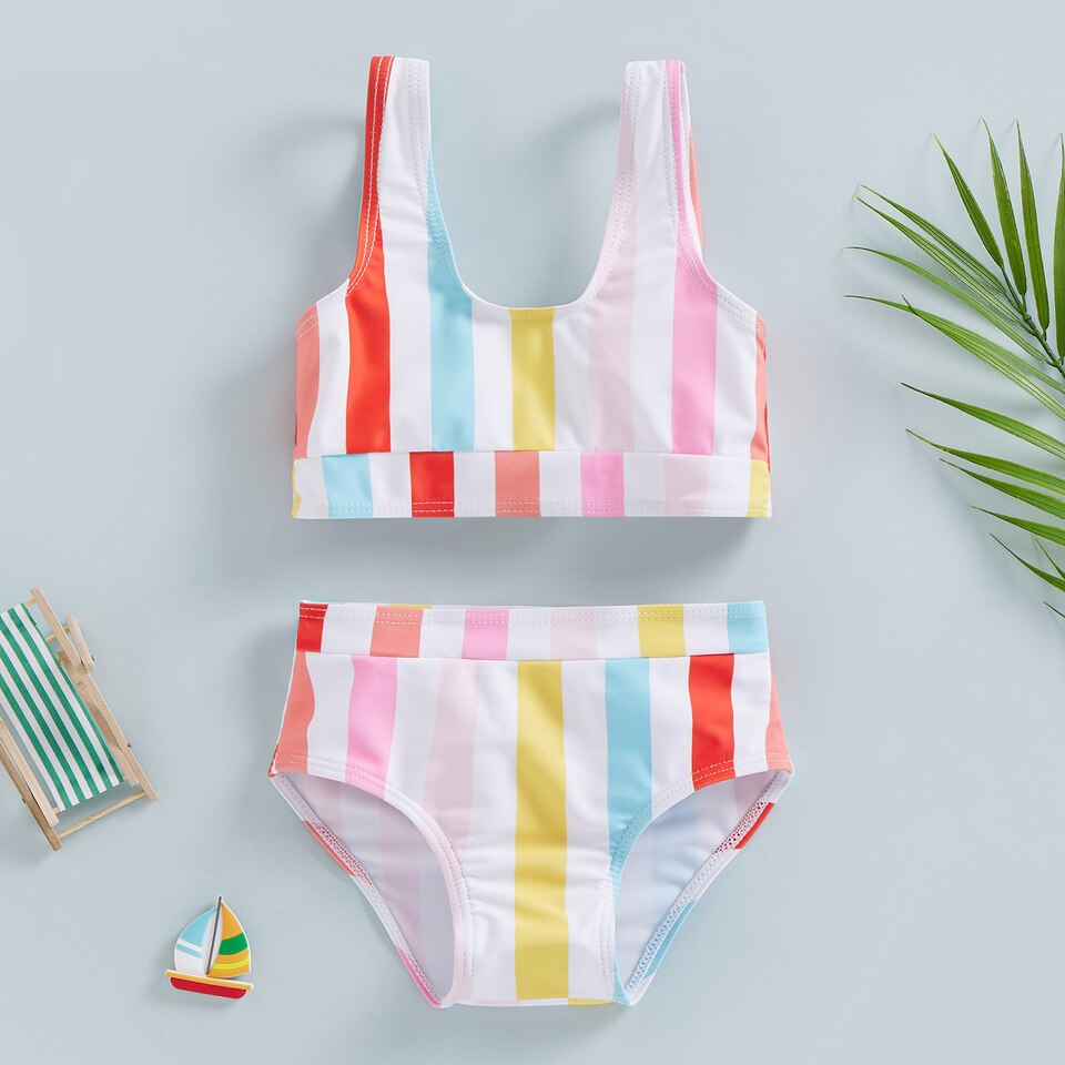 Girls Bikini Set Rainbow Stripe Print Vest + High Waist Triangle Shorts ...