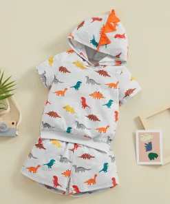 Dino Adventure Summer Set: Short Sleeve Hooded Top and Elastic Waist Shorts for Boys, Ages 1-6.