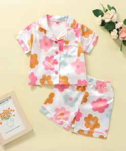 3 Colors Toddler Kid Girls Pajamas Clothes Sets 2pcs Flowers Print Short Sleeve Lapel Neck Buttons Tops + Short Pants