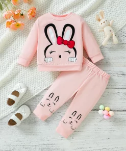Cartoon Bunny Print Long Sleeve Sweatshirt with Elastic Waist Pants for Baby Girls (0-3 Years