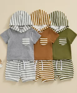 Striped Patchwork Hooded Top and Drawstring Shorts Set for Toddler Boys (0-3 Years)
