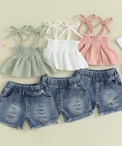 Adorable 2-Piece Set: Sleeveless Ruffle Camisole with Cool Denim Shorts for Fashionable Girls (1-5 Years)